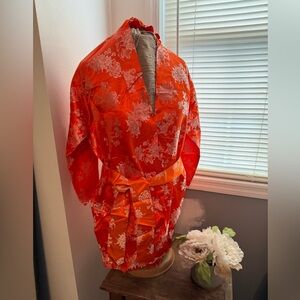 Vintage Japanese Silk Embroidered Lined Kimono Retro Orange Short Robe